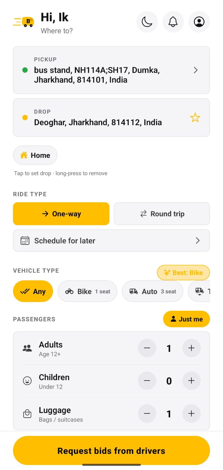 BidYatra Select Pickup Drop Area